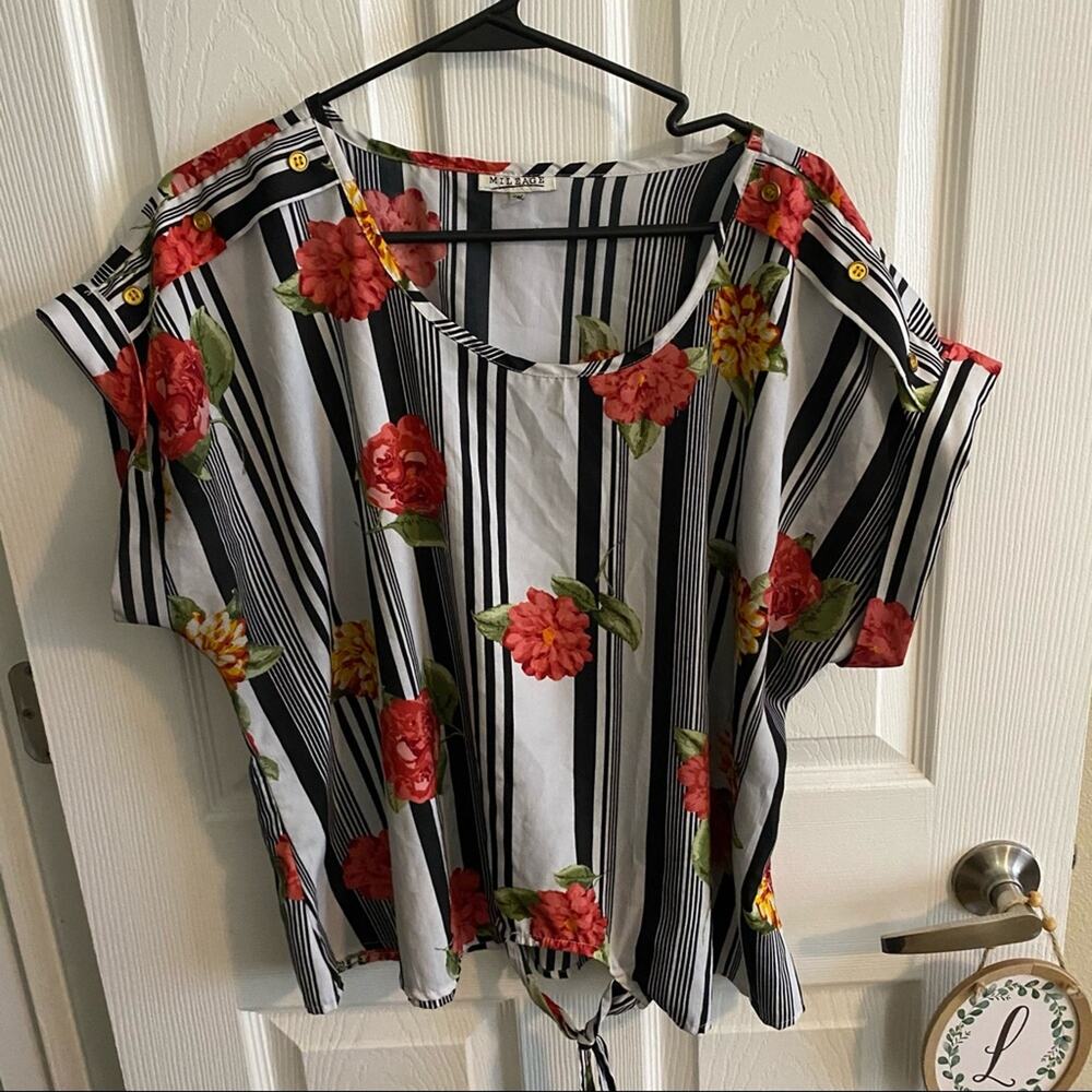 Mileage Multicolor Floral Striped Tie Front Blouse Plus Size 2X